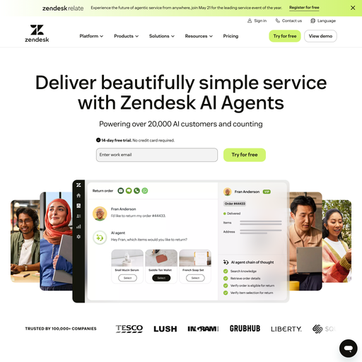 zendesk.com homepage in May 2026